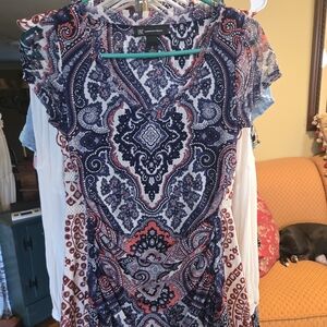 INC International Concepts Women's Short Sleeve Paisley Top - Navy and Coral